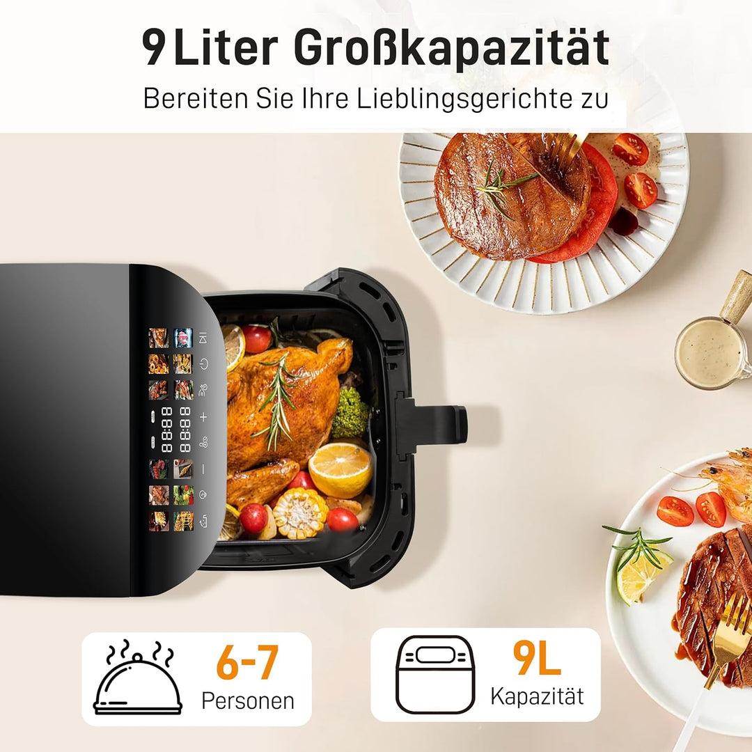 Heissluftfritteuse XXL Gesunde Fritteuse mit Sichtfenster, 1800W Airfryer 9L Heissluftfritteuse mit