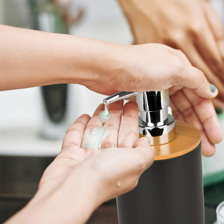 Badezimmer-Zubehör-Set aus Bambus, Waschraum-Zubehör-Set, Lotion-Flaschen, Zahnbürstenhalter, Zahnbe