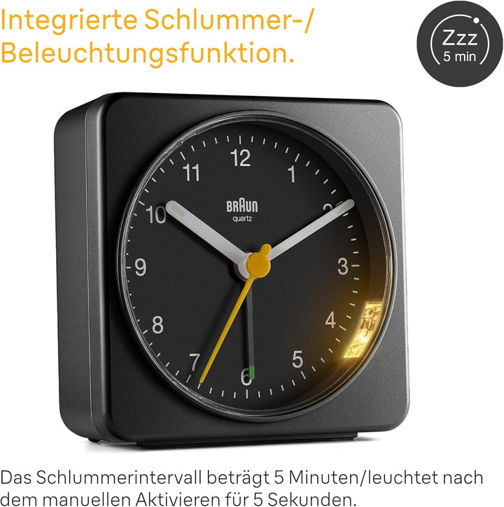 Braun Klassischer analoger Wecker Schlummerfunktion und Licht, ruhiges Quarzuhrwerk, Crescendo-Alarm