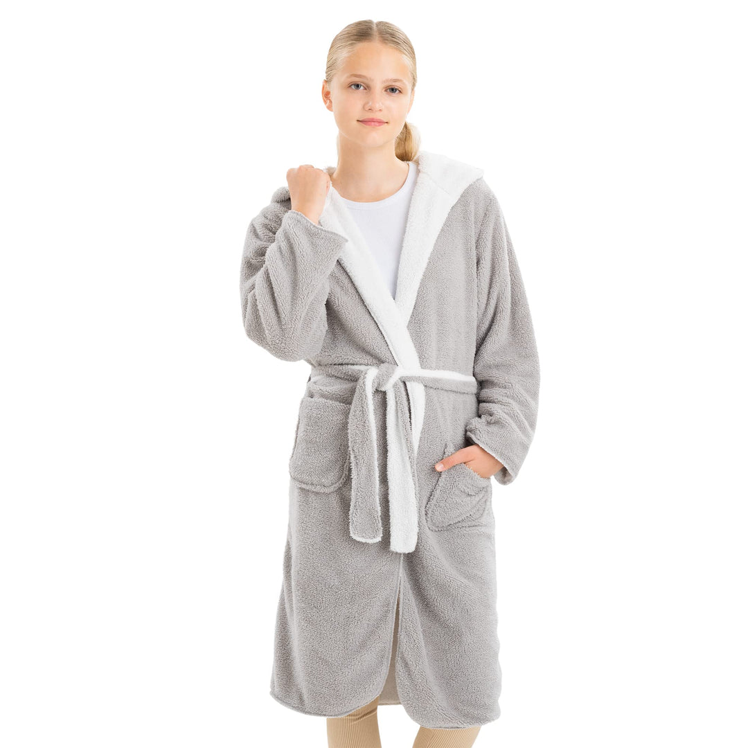 HOMELEVEL Kuschelfleece Bademantel für Kinder - Sherpa Morgenmantel mit Taschen Schalkragen Gürtel -