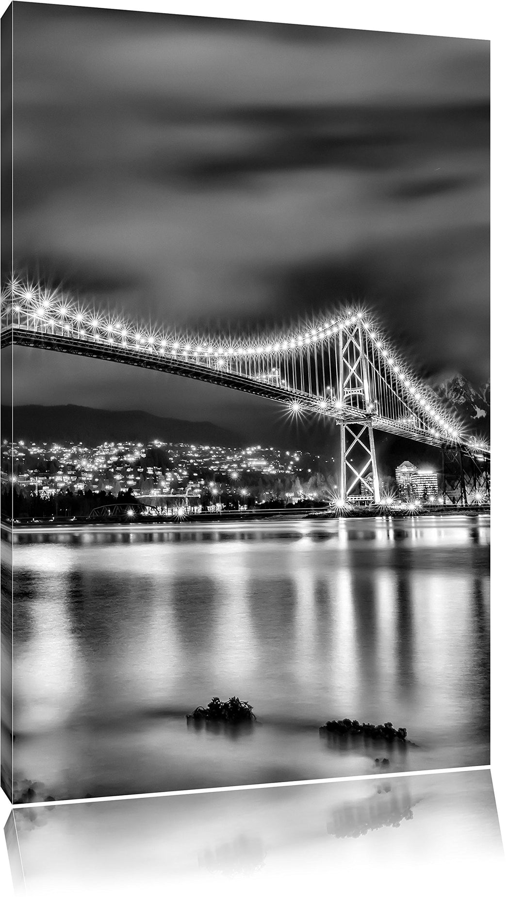 Pixxprint Monocrome, Lions Gate Bridge in Vancouver bei Nacht, Format: 100x70 auf Leinwand, riesige