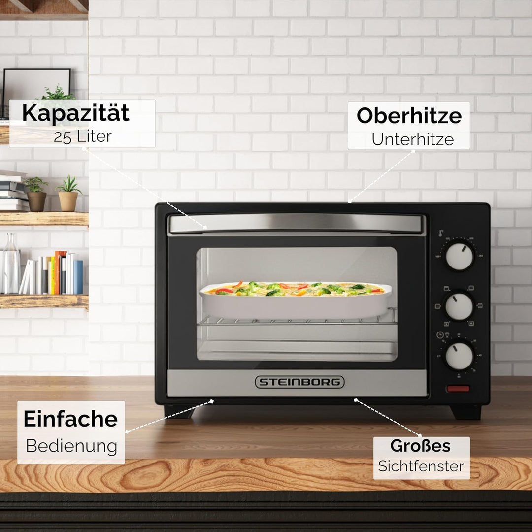 Steinborg® Mini Backofen 25 Liter Miniofen Elektro – Pizzaofen Tischbackofen 3-in-1 mit Ober-/Unterh