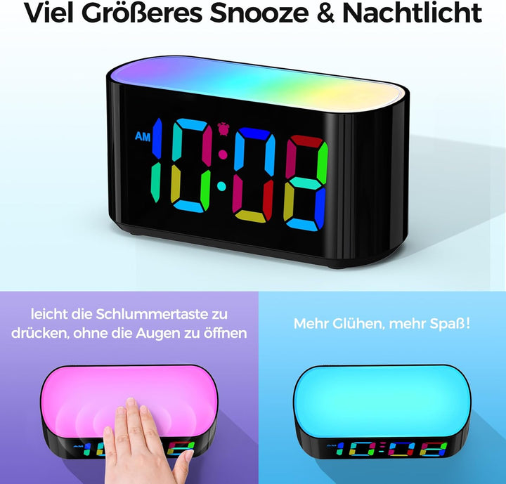 DOUMOSH Wecker Kinder mit Nachtlicht, RGB Nachtlicht, 0-100% Helligkeitsdimmer, Farbenfroh Display,