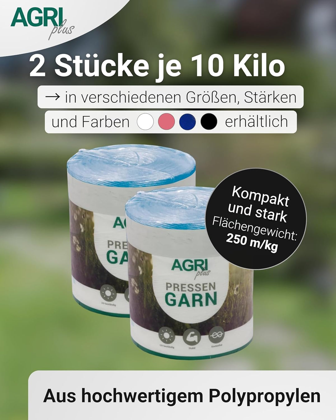 AGRIplus Pressengarn I 2 Stück à 10 kg I 250 m/kg I Hochwertiges PP-Garn I Robust, witterungsbeständ