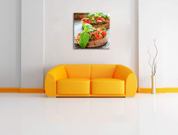 Pixxprint Köstliche Tomaten Bruchetta, Format: 70x70 auf Leinwand, 70x70