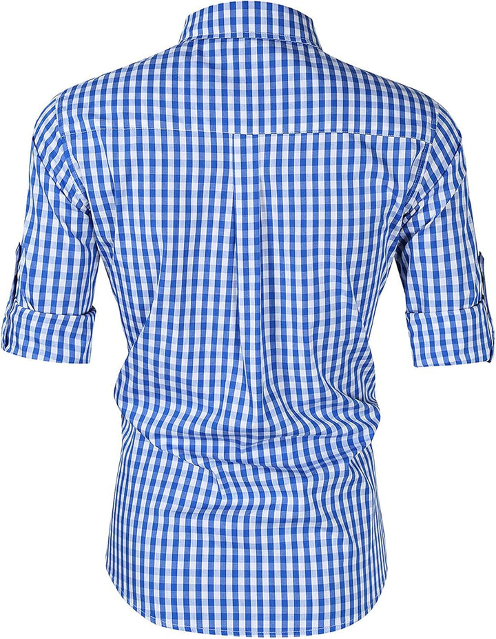 KOJOOIN Trachtenhemd Slim fit Herren kariert Hemd Freizeithemd Langarmhemd Hemd Bestickt Baumwolle -
