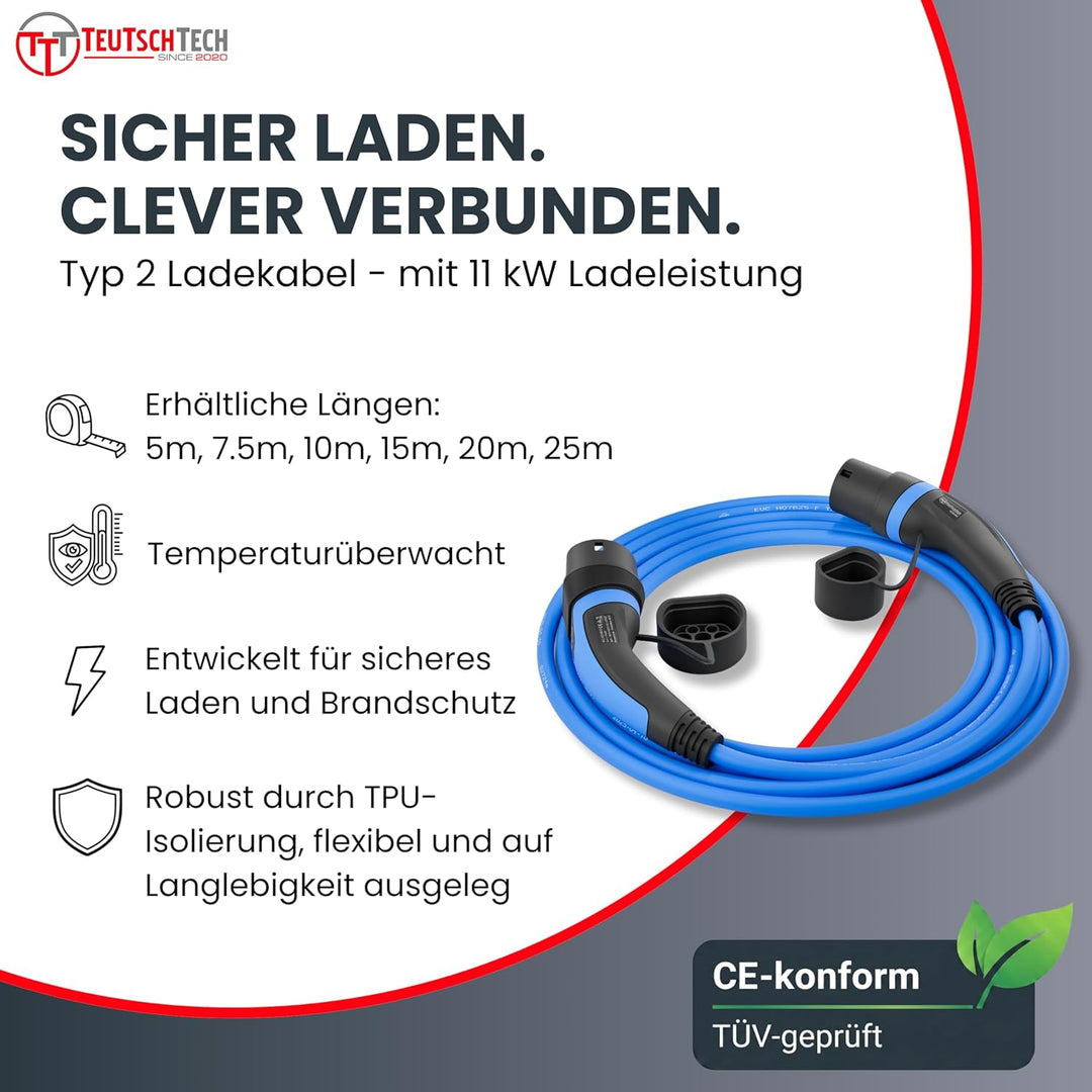 TEUTSCHTECH Typ 2 Ladekabel für Elektroauto | 10 m | Typ 2 auf Typ 2 | 11kW | 3x16A | 3-phasig | Mod