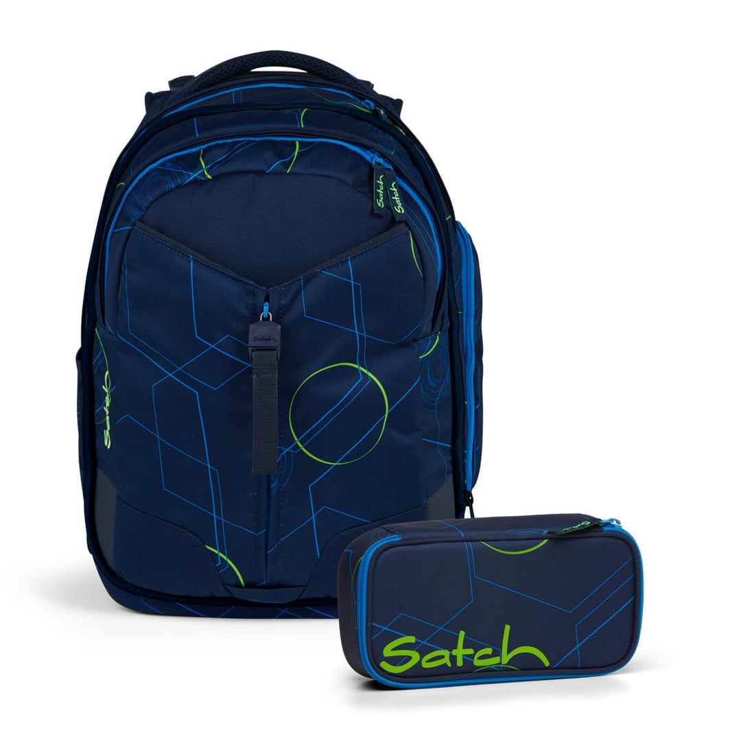 Satch Match Schulrucksack Set 2tlg. inkl. Schlamperbox Blue Tech, Blue Tech