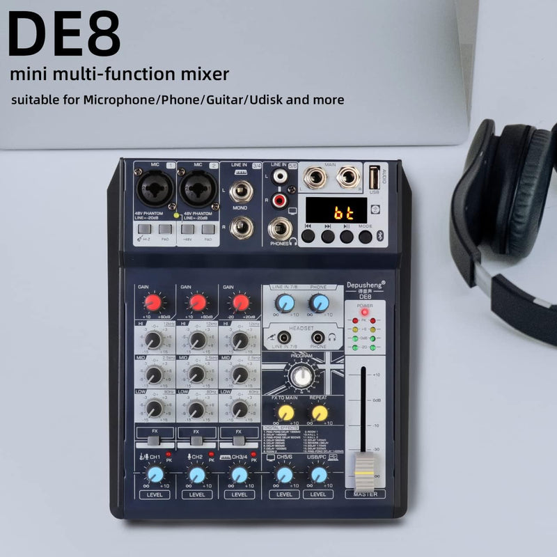 Depusheng DE8 Tragbare Mini-Mixer-Audio-DJ-Konsole mit Soundkarte, USB, 48-V-Phantomspeisung für PC-