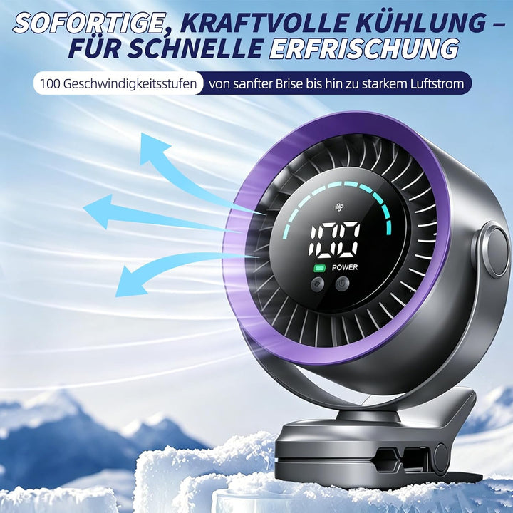 Clip Ventilator, Tragbarer Tischventilator Akku, 5 Geschwindigkeiten Leise Ventilator mit LED Displa