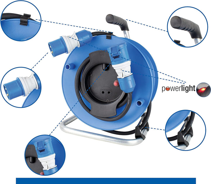 as - Schwabe CEE Outdoor Gerätekabeltrommel, 25m Gummileitung mit CEE-Stecker & -Kupplung mit neuer