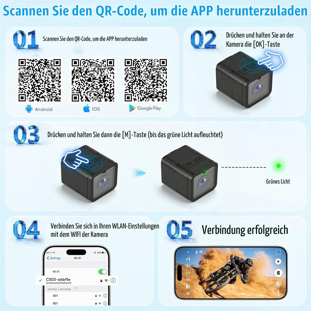 Mini Action Cam,WiFi 1080P HD &amp; 120° Wide Angle Helmet Camera, Verbesserte Version Dashcam Fahrrad M