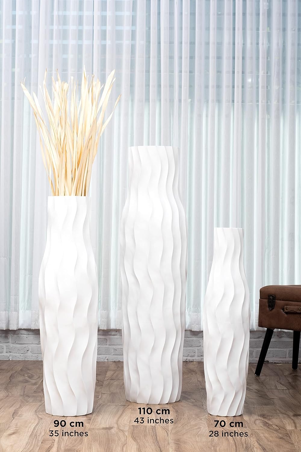 Leewadee Grosse Bodenvase für Dekozweige hohe Standvase Design Holzvase, Holz, 70 cm, Weiss 70 cm We