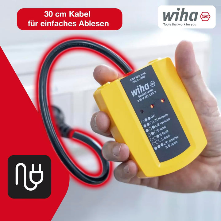 Wiha Steckdosentester 230 V AC, CAT II inkl. 2x AAA-Batterien I mit flexiblem Kabel I LED-Anzeige (4
