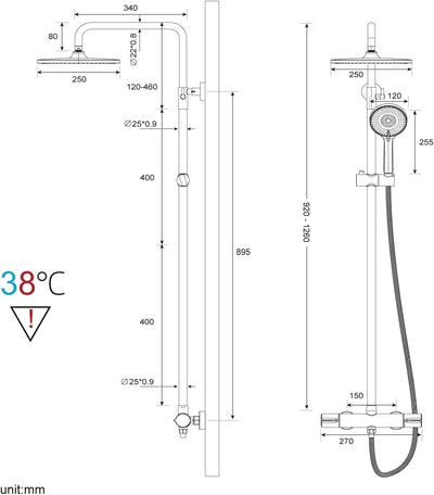 Rainsworth Duschsystem mit Thermostat Chrom, Duscharmatur Komplettset mit 25cm Rund Regendusche Dusc