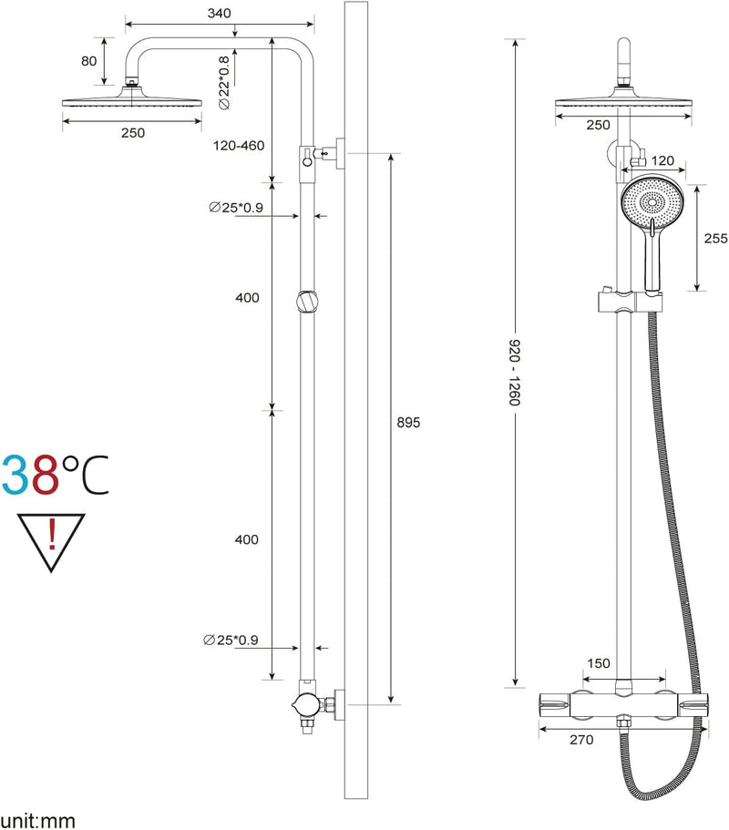 Rainsworth Duschsystem mit Thermostat Chrom, Duscharmatur Komplettset mit 25cm Rund Regendusche Dusc