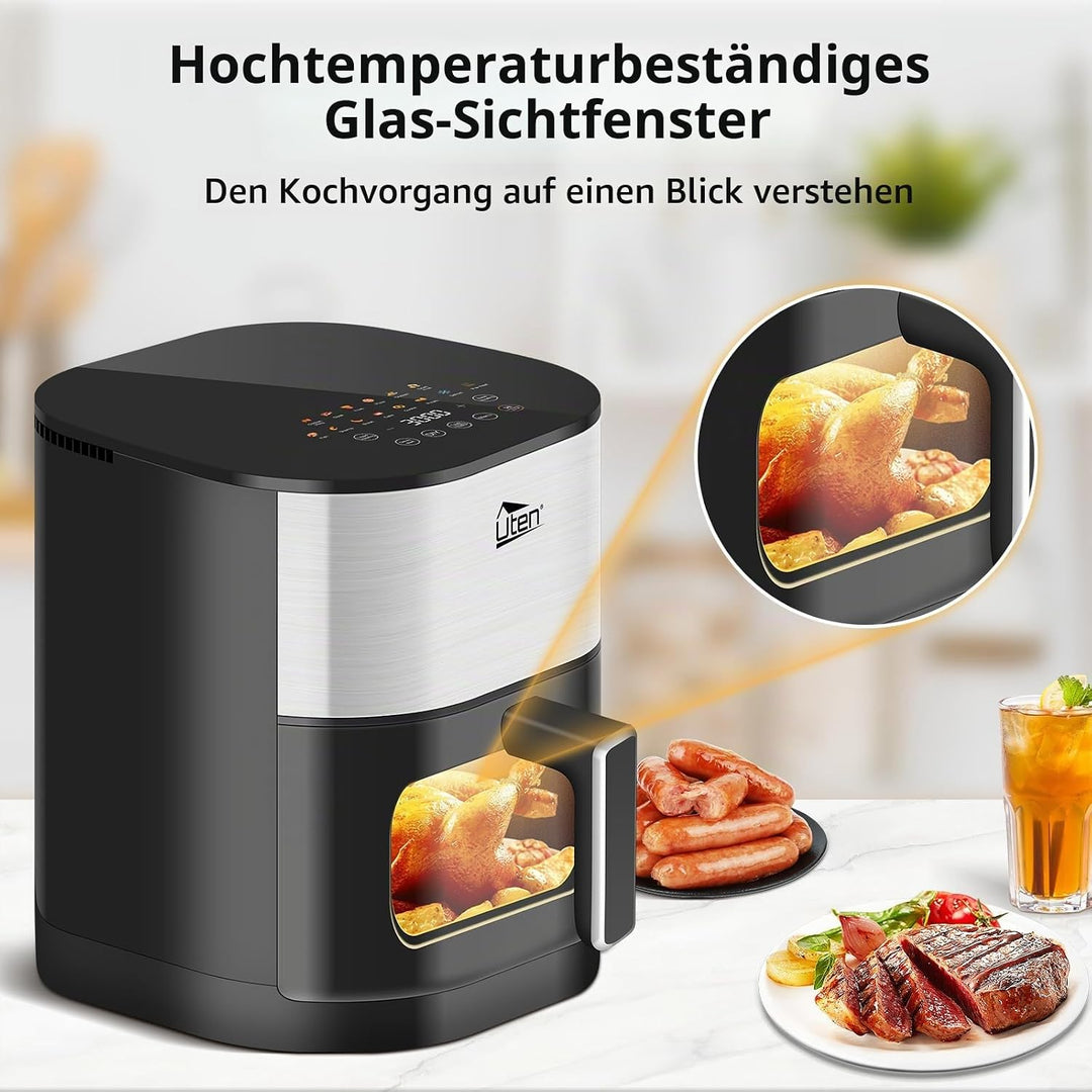 Uten Dual Blaze Heissluftfritteuse 5,5 L mit Sichtfenster, Airfryer 14 Programme, Verzögerter Start,