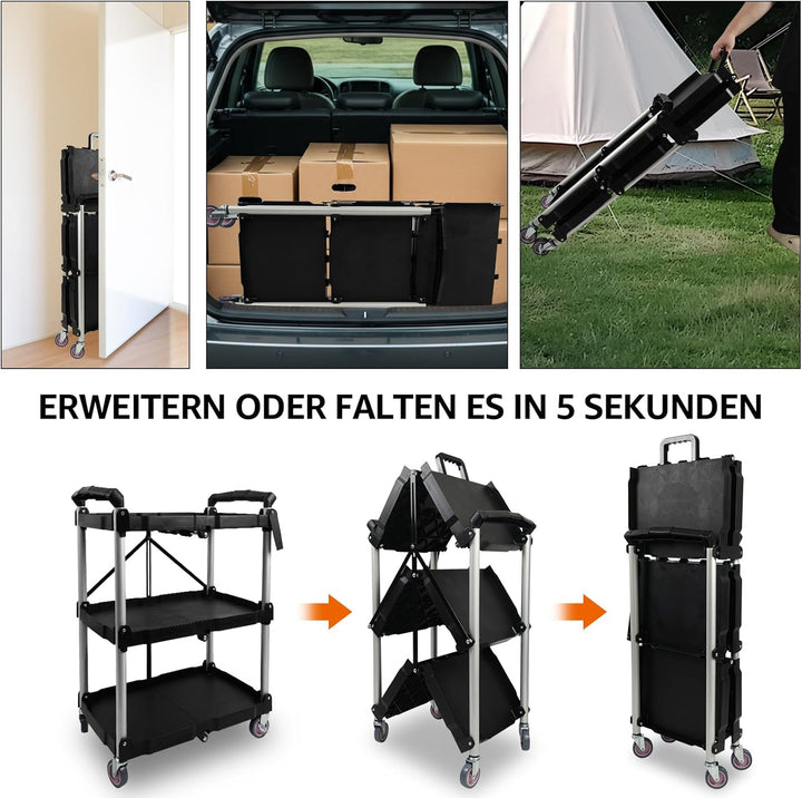 Servierwagen mit Rollen, Klappbar, 62 x 40 x 84cm, Bis zu 75 kg Belastbar, Dreistufiges Faltregal mi