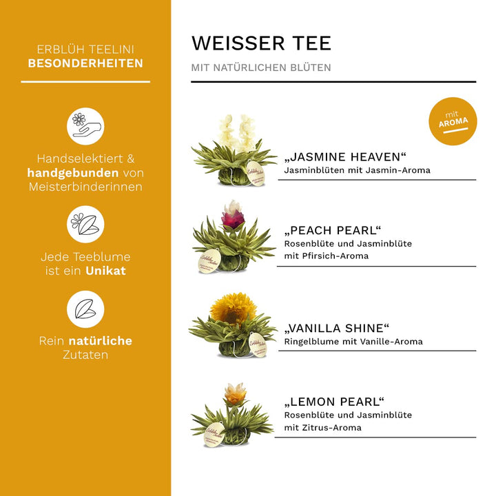 Creano ErblühTeelini Teeblumen Geschenkset mit Teeglas und 8 Teeblumen im Tassenformat, Weisser Tee,