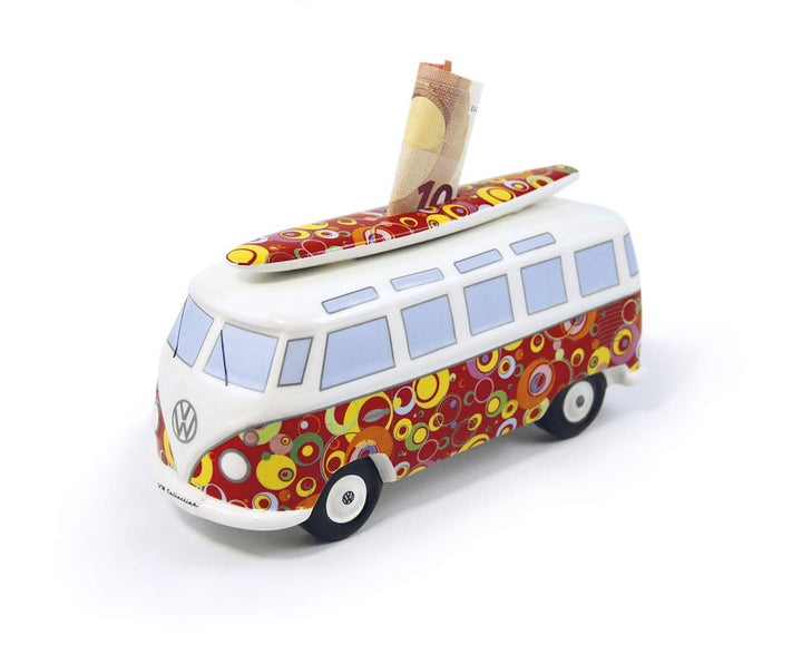 BRISA VW Collection - Volkswagen Spar-Büchse-Schwein-Dose mit Surfbrett im T1 Bulli Bus Samba Design