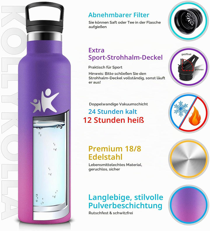 KollyKolla Trinkflasche Edelstahl 750ml, Thermoskanne BPA-Frei, Auslaufsichere Isolierflasche Doppel