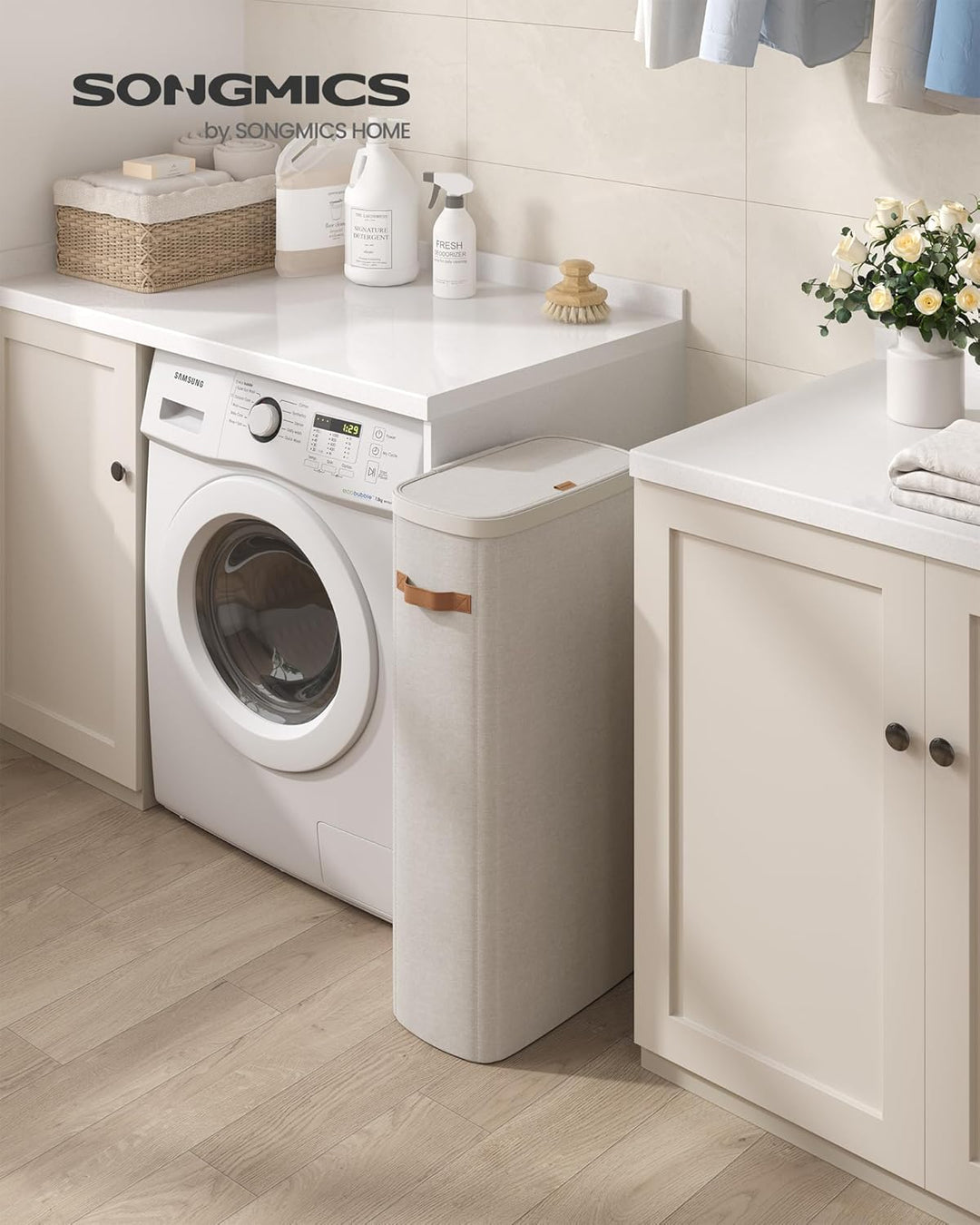 SONGMICS Wäschekorb, 65 L Wäschesammler, Wäschetonne, leichter Aufbau, mit Deckel und Griffen, herau