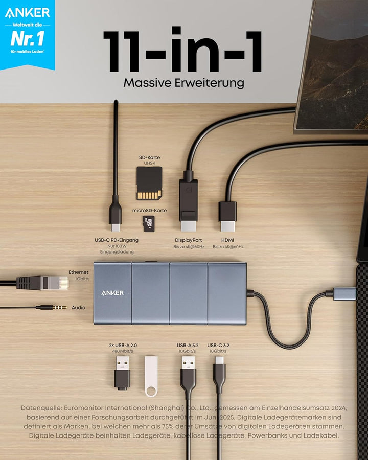 Anker 565 11-in-1 USB-C Hub, Docking-Station mit 10 Gbps USB-C & USB-A Datenports, 4K HDMI, DisplayP