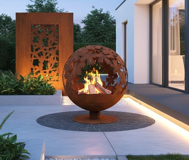 Jet-Line Feuerstelle World Firebowl Kugel in Rostoptik Motiv Blätter 58 x 58 x 66 cm Feuerball Garte