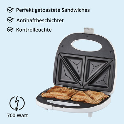 KHG Sandwichmaker weiss Kontaktgrill Toaster 700W mit Antihaftbeschichtung, Verriegelung & Kontrolll