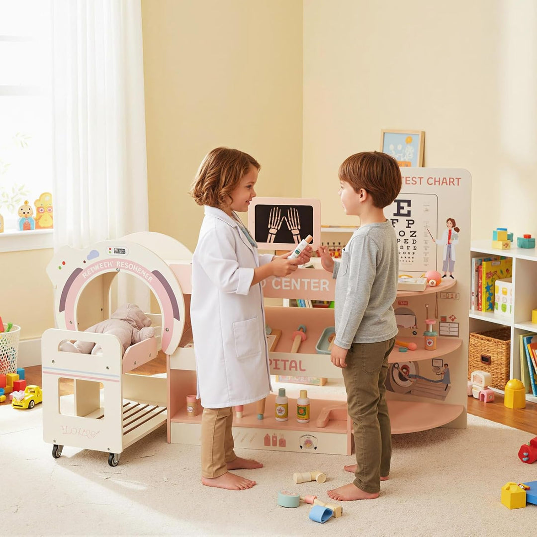 DREAMADE Arztspielset für Kinder, Krankenhaus aus Holz mit Sehtest, CT-Spielgerät & Röntgenapparat,