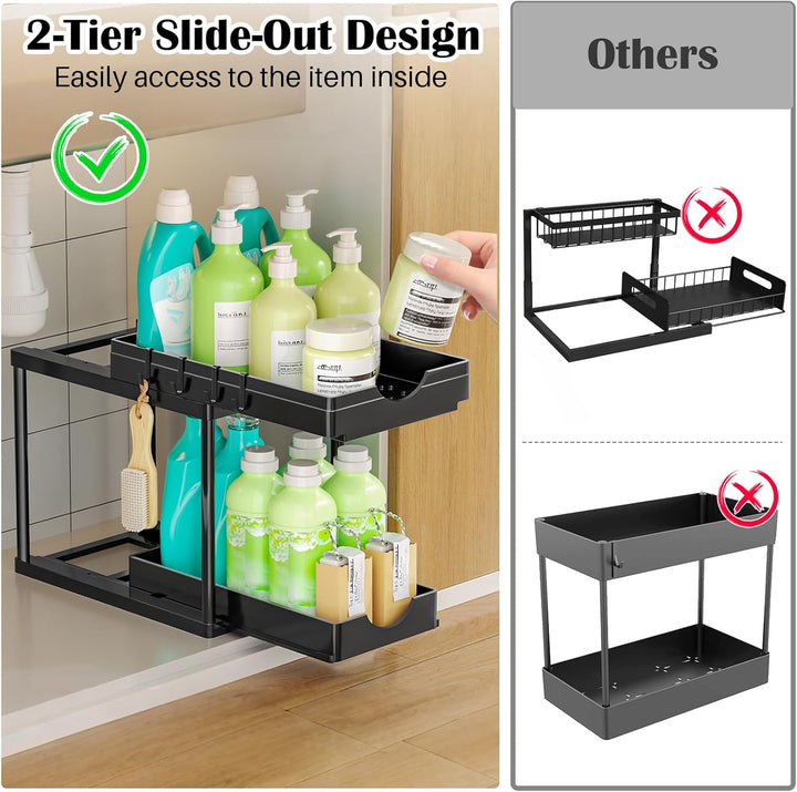 ARSTPEOE Küchen Organizer - Unter Waschbecken Regal - 2 Etagen Schrank Organizer mit 4 Haken, Schubl