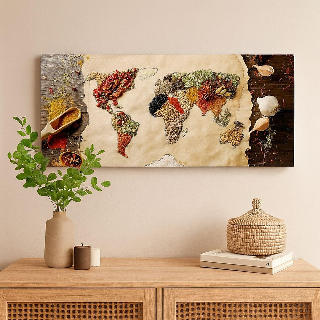 Wandbilder Dekoration Wohnzimmer Welt Karte Gewürze Farben Panorama Bilder auf Leinwand 120x50cm Lei