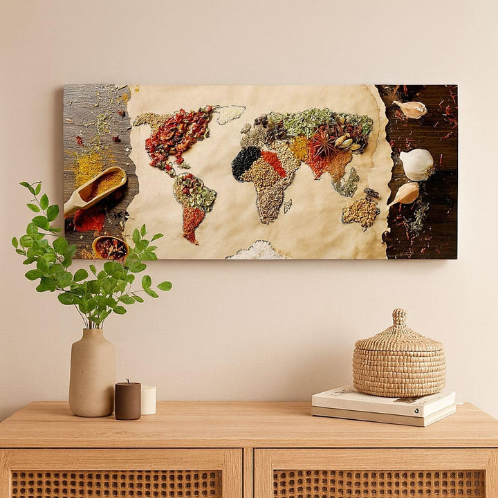 Wandbilder Dekoration Wohnzimmer Welt Karte Gewürze Farben Panorama Bilder auf Leinwand 120x50cm Lei