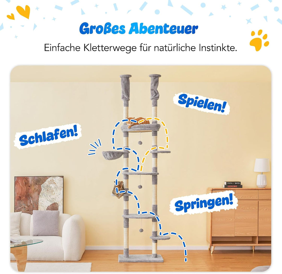 Deckenhoher Katzenbaum 234-259 cm höhenverstellbar, 2-Säulen-Design mit 12 Sisal-Pfosten, mehrstöcki