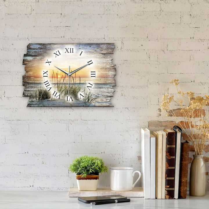 Kreative Feder Sandstrand Meer Landhaus Shabby Style Designer Wanduhr Funkuhr aus Holz *Made in Germ