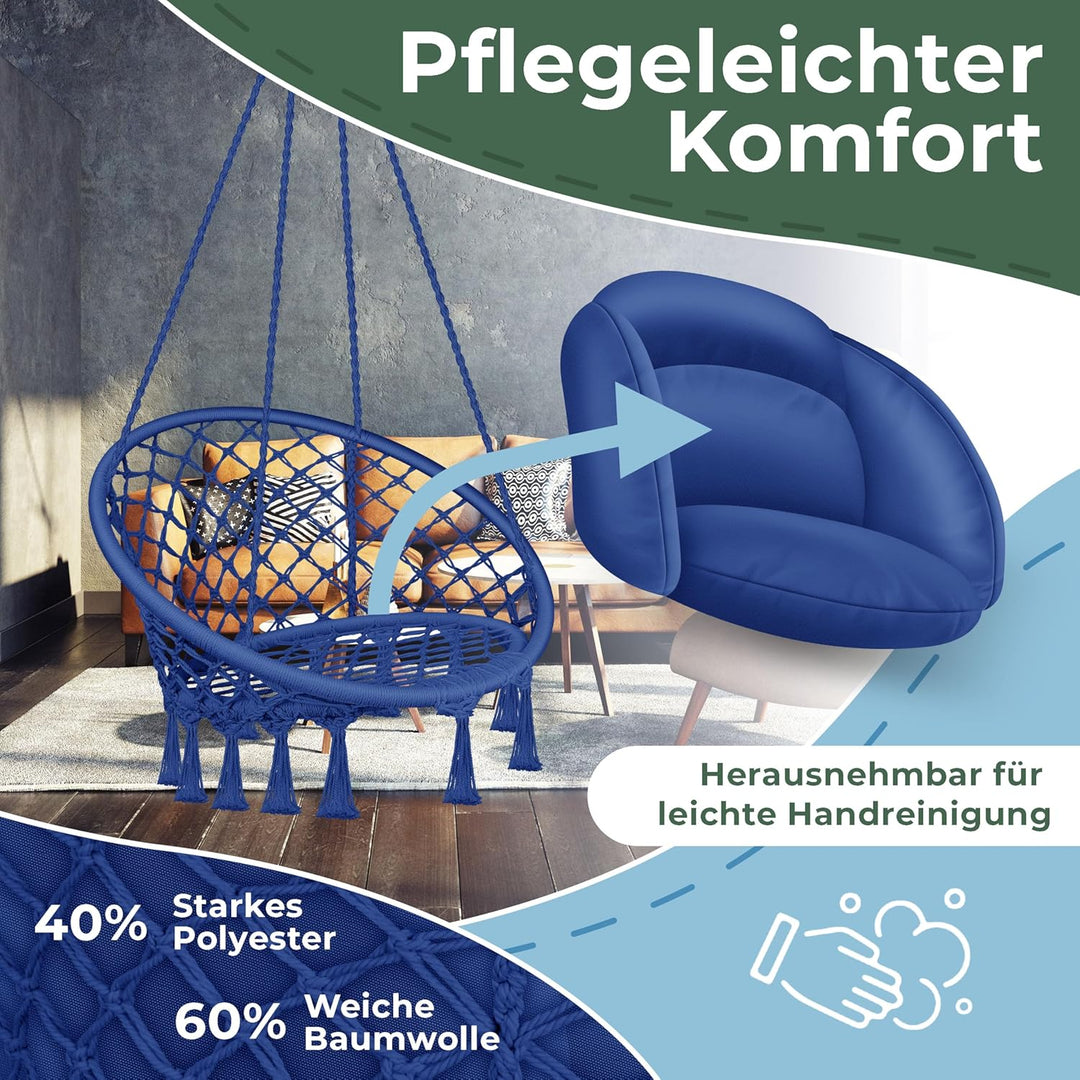 KESSER® Hängesessel 150kg mit 2 Stahlringe Sitzpolster geflochten Fransen Hängestuhl Hängekorb Schau