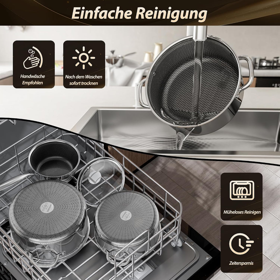 Topfset Antihaft mit Deckel 16+20+24 cm, Kochtopfset Induktion, kühl bleibender Griff, spülmaschinen