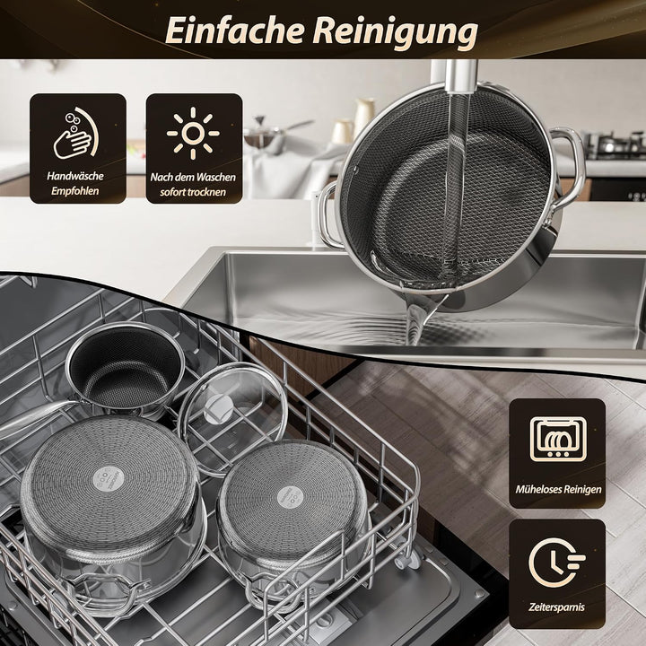 Topfset Antihaft mit Deckel 16+20+24 cm, Kochtopfset Induktion, kühl bleibender Griff, spülmaschinen