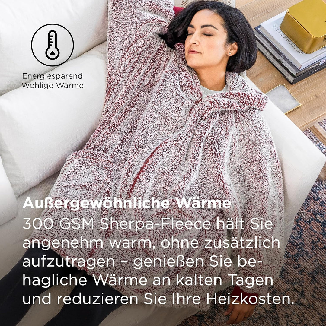 BEDSURE Hoodie Decke mit Ärmeln - Sherpa Deckenpullover mit Reissverschluss und Kapuze Rot, Tragbare