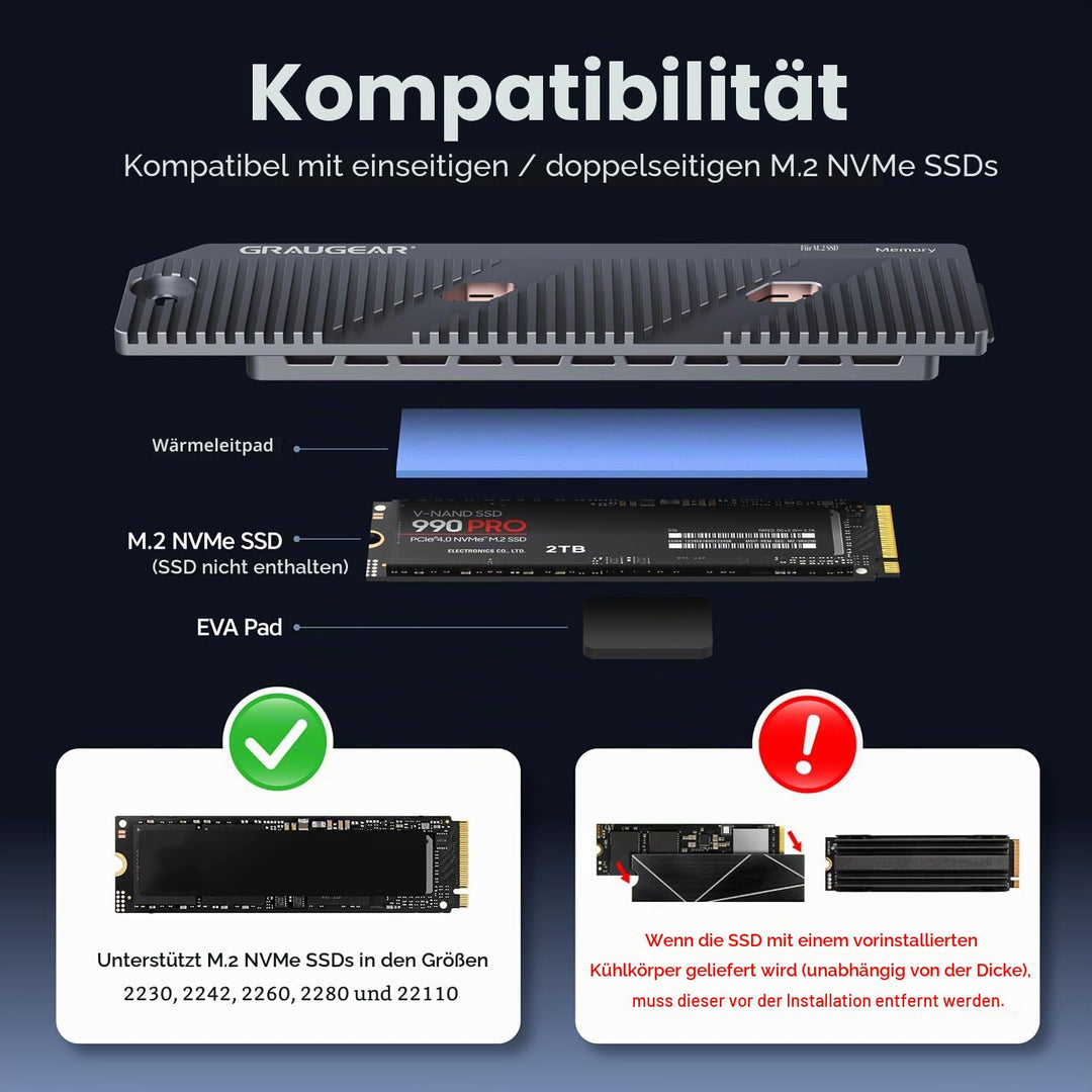 GRAUGEAR PS5 Pro/PS5 Slim M.2 SSD Kühlkörper mit Heatpipe, integriertem Kupfer-Heatpipe und Aluminiu