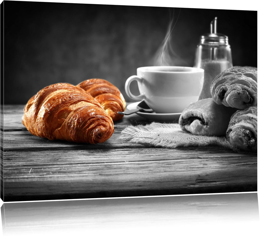 Croissants mit frischem Kaffee schwarz/weiss Format: 100x70 auf Leinwand, XXL riesige Bilder fertig