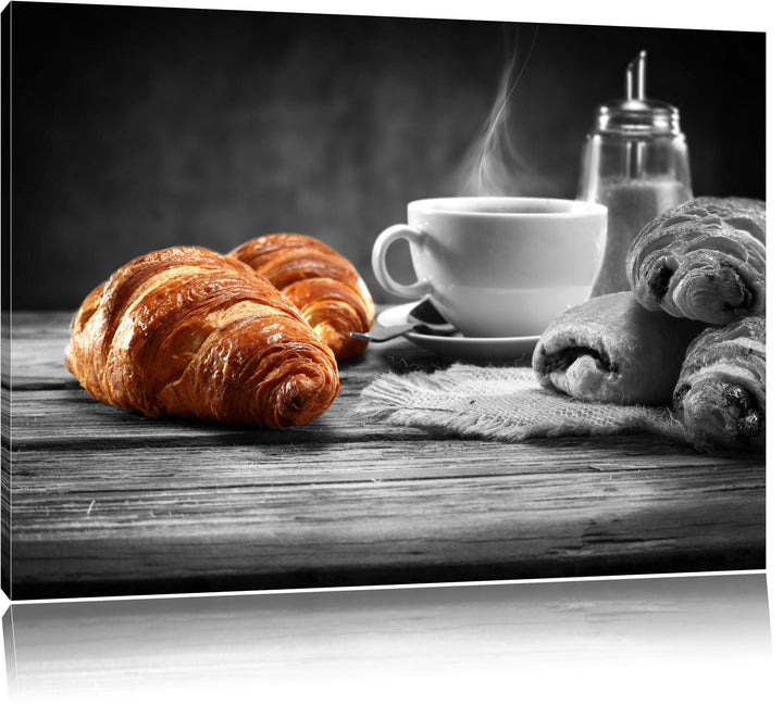 Croissants mit frischem Kaffee schwarz/weiss Format: 100x70 auf Leinwand, XXL riesige Bilder fertig