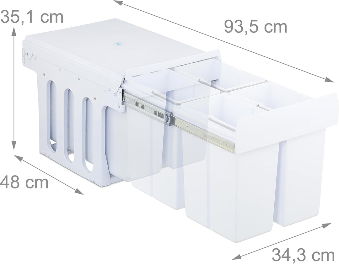 Relaxdays Einbaumülleimer, 4 Fächer, 4 x 8l, HBT: 35,1x34,3x48 cm, ausziehbar, Mülltrennsystem für U