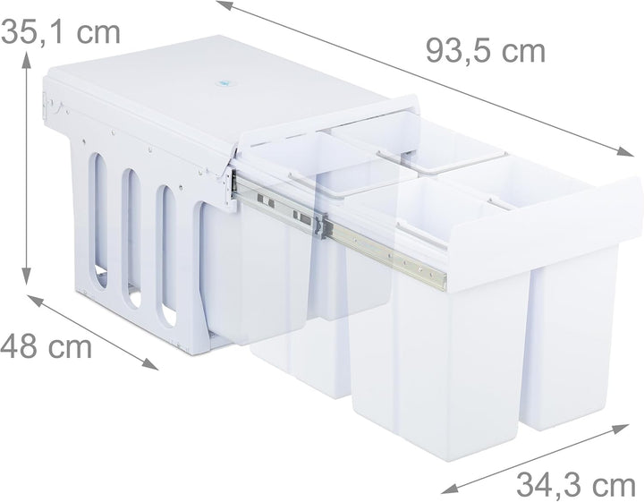 Relaxdays Einbaumülleimer, 4 Fächer, 4 x 8l, HBT: 35,1x34,3x48 cm, ausziehbar, Mülltrennsystem für U