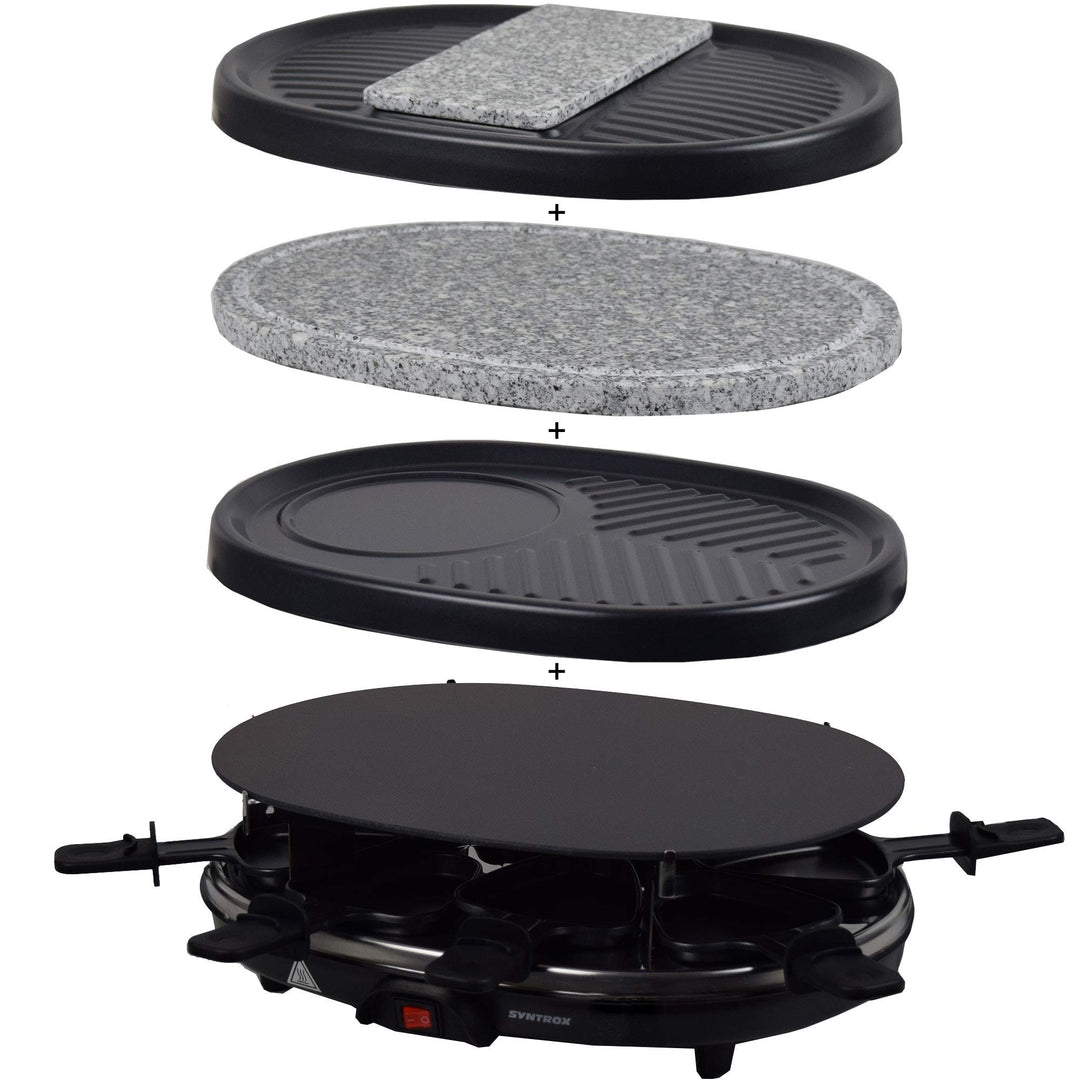 Syntrox Germany Raclette Grill Chur, 8 Personen, Glas-Keramik + heisser Stein, 3 Zusatzplatten, 8 Pf