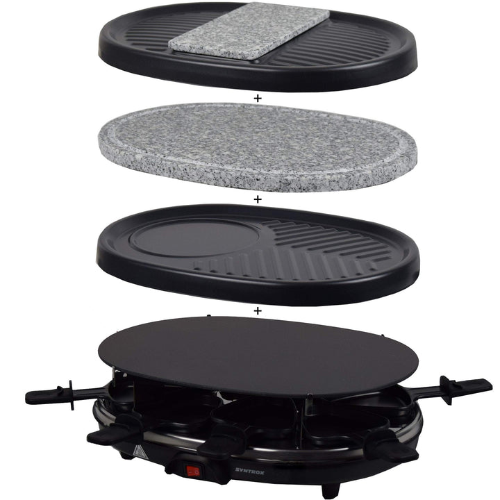 Syntrox Germany Raclette Grill Chur, 8 Personen, Glas-Keramik + heisser Stein, 3 Zusatzplatten, 8 Pf