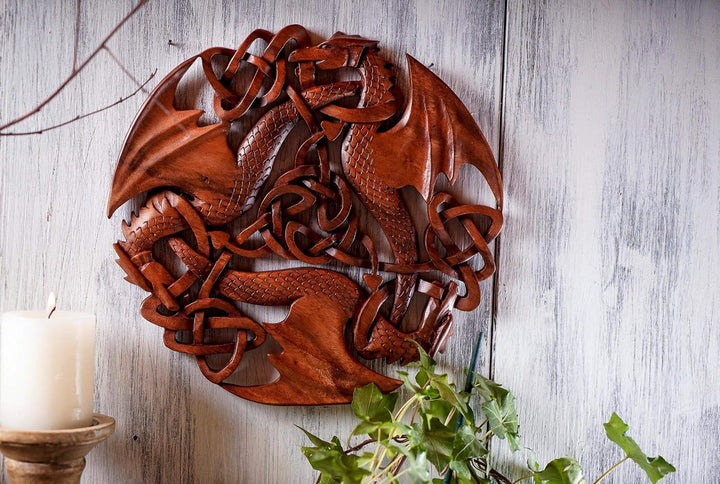 Windalf Celtic Wandbild Holzornament ACAR Ø 30 cm DREI keltische Drachen Wandrelief Handarbeit aus H