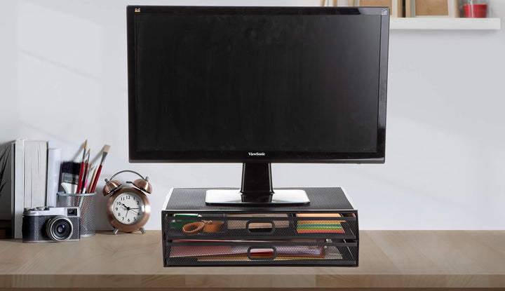 Mind Reader 2TDMESHY-BLK Monitorständer aus Metall mit 2 Schubladen, Schreibtisch-Organizer, hält PC