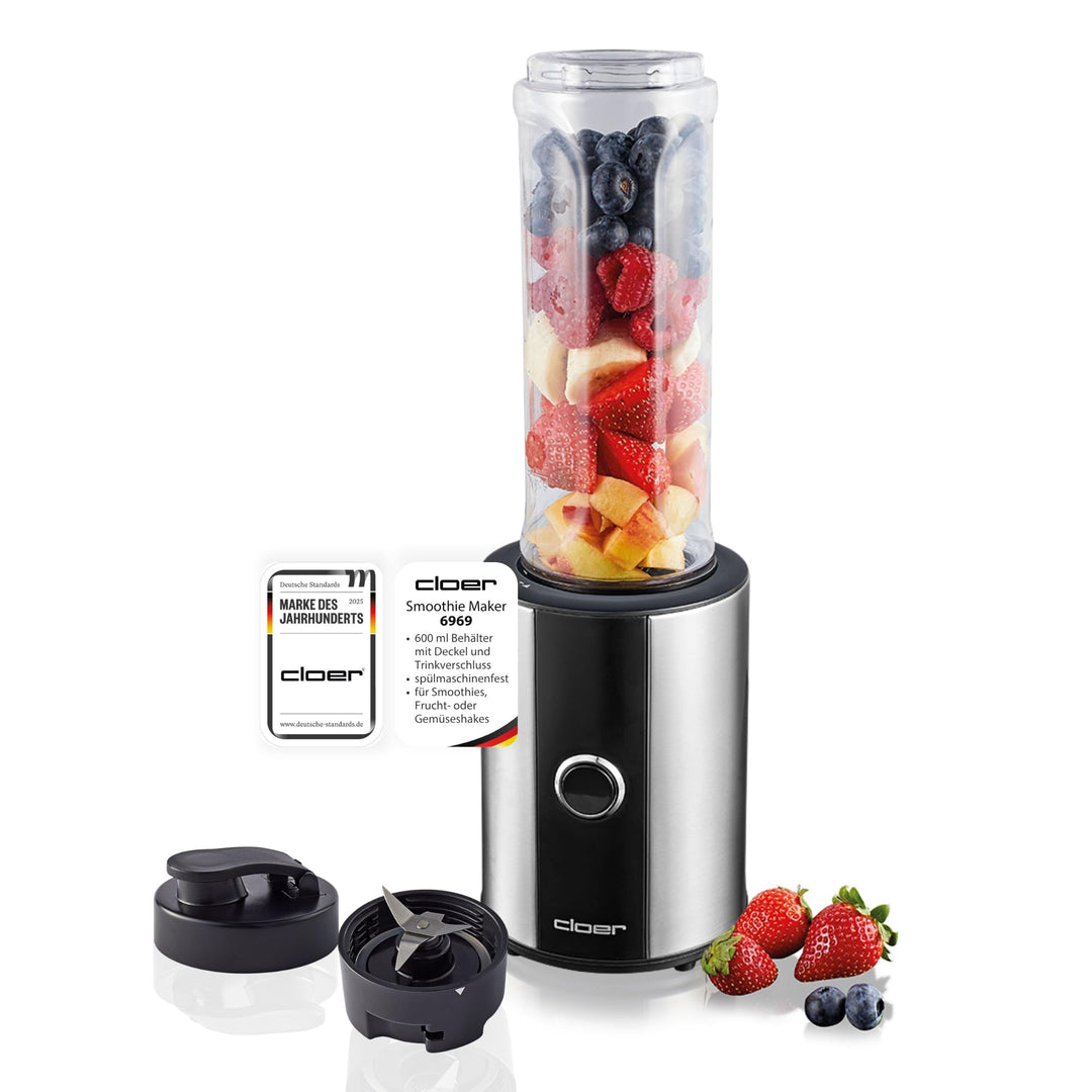 Cloer 6969 Smoothie Maker, Mini Standmixer to go, Milchshakes, Behälter 600 ml, Trinkflasche aus Tri