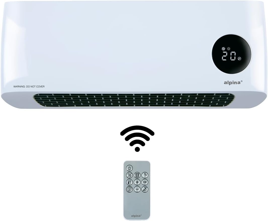 alpina Wand Heizlüfter 2000W – Keramik Heizstrahler mit 2 Leistungsstufen und Timer – Digital Thermo